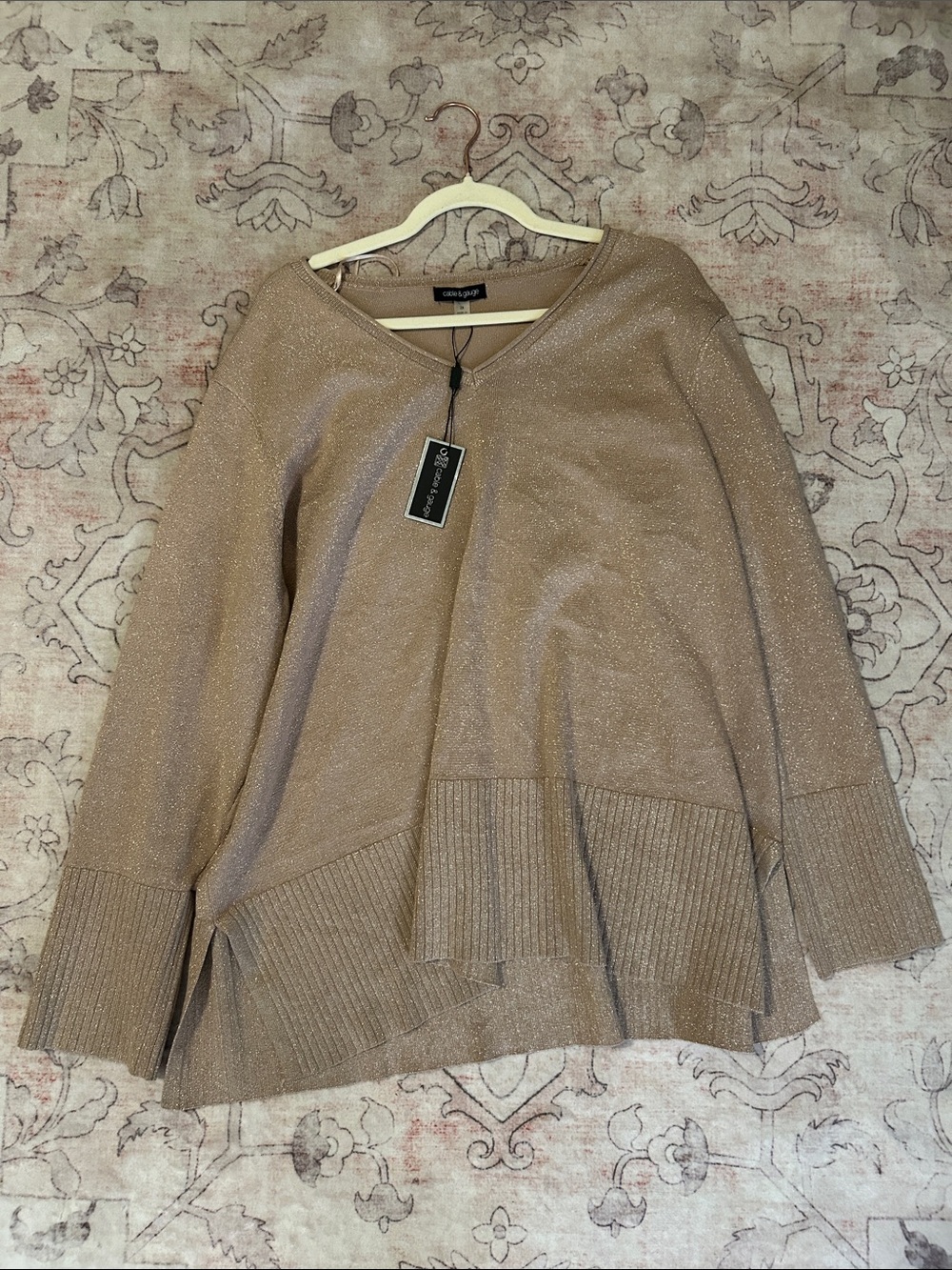 Cable & Gauge Women's Shimmery Taupe V-Neck Sweater